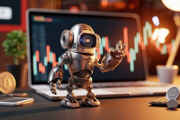 Poster - A retro robot stands near a laptop displaying stock market charts, symbolizing AI in finance.