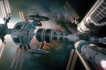 Poster - Futuristic space station complex orbiting Earth, showcasing advanced technology and modular design.