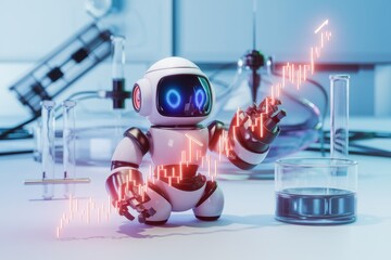 Poster - A cute robot in a lab setting interacts with a rising stock market graph, symbolizing AI's role in finance.