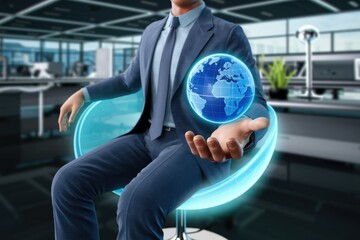 Poster - Businessman in modern office holding a digital Earth, symbolizing global reach and interconnectedness.