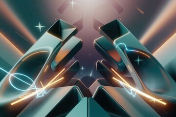 Poster - Abstract 3D render of teal and orange geometric shapes with neon lights, creating a futuristic and symmetrical design.