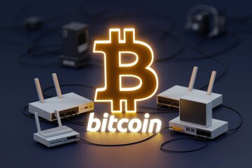 Poster - Bitcoin network visualized with glowing symbol and interconnected routers, representing decentralized digital currency.