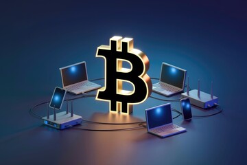 Poster - Bitcoin network visualized with laptops, phones, and routers highlighting decentralized nature.