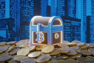 Poster - A treasure chest filled with Bitcoin sits atop a pile of gold coins against a futuristic cityscape backdrop.