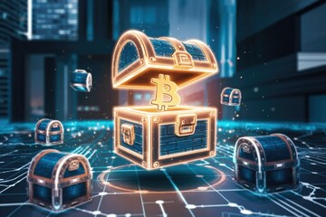 Poster - Bitcoin treasure chests in a futuristic digital landscape, symbolizing cryptocurrency wealth and security.