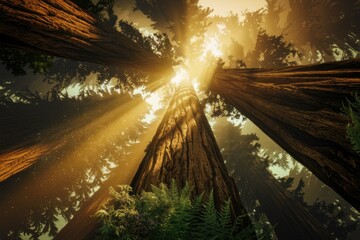 Aufkleber - Majestic redwood trees bathed in golden sunlight, a breathtaking view from below.