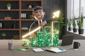 Poster - A 3D cartoon businessman raises a glowing bar graph, symbolizing growth and success in business.