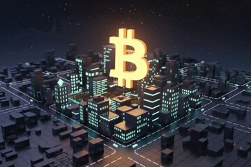 Poster - Bitcoin symbol glowing above a futuristic city, representing cryptocurrency's impact on urban landscapes.