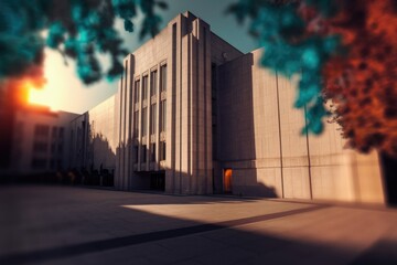 Poster - A majestic art deco building bathed in the warm glow of sunset, showcasing its architectural grandeur.