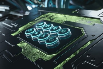 Leinwandbilder - Futuristic technology interface with glowing circular buttons displaying various digital icons on a dark circuit board.