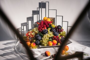 Poster - A vibrant still life featuring an assortment of fresh fruits, including grapes, plums, apricots, and red currants, artfully arranged on a modern geometric stand.