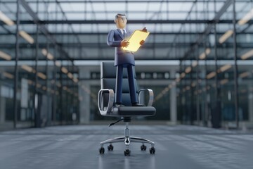 Poster - A 3D-rendered businessman stands on an office chair, holding a glowing clipboard, signifying work or planning.