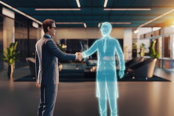 Poster - A businessman shakes hands with a holographic doctor, symbolizing the future of virtual meetings and telemedicine.