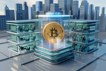 Poster - Bitcoin's digital infrastructure, visualized as futuristic buildings, showcasing its global reach and innovative technology.