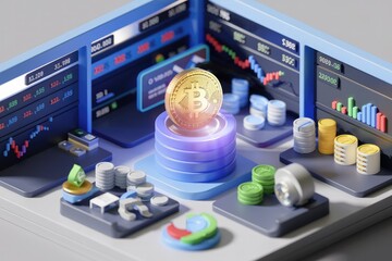 Poster - Bitcoin cryptocurrency trading visualized with charts and graphs showing market data and price fluctuations.