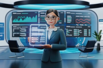 Poster - A businesswoman presents a digital document showcasing data analysis and business intelligence in a futuristic setting.
