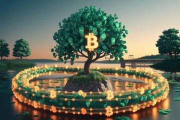 Poster - Bitcoin tree flourishing by a lake, symbolizing cryptocurrency's growth and impact.