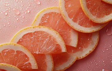 Wall Mural - Slices of pink grapefruit arranged on a wet surface with droplets reflecting light