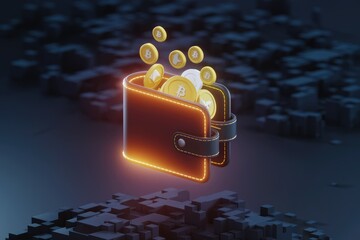 Poster - Digital wallet overflowing with glowing Bitcoin cryptocurrency coins.