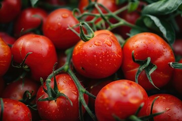 Poster - Ripe red tomatoes on the vine, glistening with water droplets, create a vibrant display of freshness