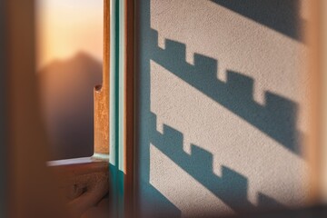 Aufkleber - Shadow of a stair railing cast on a textured wall during sunset, creating a geometric pattern.
