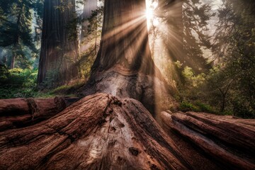 Aufkleber - Sunbeams illuminate a majestic redwood forest, showcasing giant tree roots and serene atmosphere.
