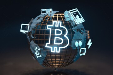Poster - Bitcoin's global reach, symbolized by a glowing Bitcoin symbol on a digital Earth globe surrounded by technology icons.