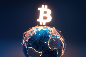 Poster - Global cryptocurrency network, Bitcoin symbol shining above a digitally connected Earth.