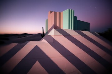 Poster - Pastel-colored building casts dramatic shadows on a desert landscape at sunset.