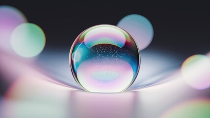 Poster - A vibrant iridescent sphere rests on a reflective surface, surrounded by soft-focus bokeh lights.