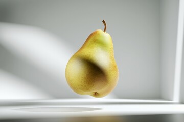 Poster - A single ripe pear, golden yellow and brown, rests on a minimalist white surface, bathed in soft light.