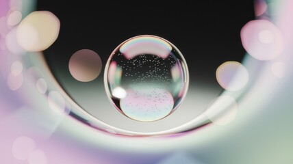 Poster - A mesmerizing iridescent soap bubble, filled with tiny air bubbles, floats in a dreamy, out-of-focus background.