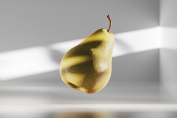 Poster - A single, ripe pear illuminated by sunlight, showcasing its golden hue and smooth skin.