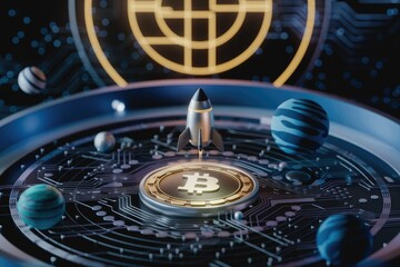Poster - Bitcoin rocket launching into space, symbolizing cryptocurrency's growth and future potential.