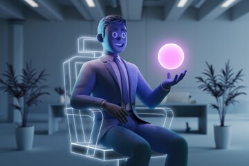 Poster - A 3D animated businessman sits in a futuristic chair, holding a glowing orb, symbolizing innovation and digital transformation.