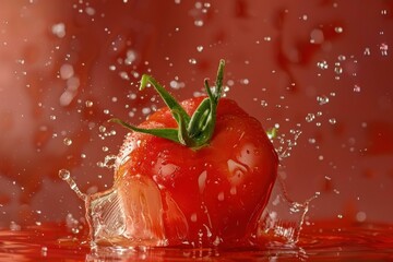 Poster - Ripe red tomato making a splash as it falls into water, with droplets scattering around