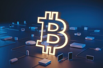 Poster - Bitcoin's decentralized network visualized: a glowing Bitcoin symbol connected to numerous devices representing the vast peer-to-peer infrastructure.
