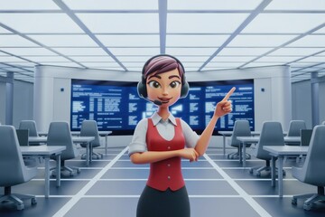 Poster - A friendly cartoon customer service agent points to a large screen displaying data in a modern office.