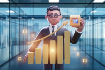 Poster - 3D cartoon businessman showing upward trending graph, symbolizing business growth and success.