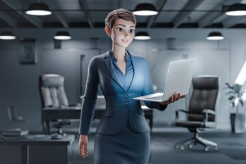 Poster - A stylized female business professional in a modern office holds a laptop, showcasing a sleek and professional work environment.