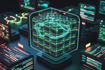 Poster - A futuristic data cube visualization displays complex network pathways within a server cluster, showcasing intricate data flow and connections.