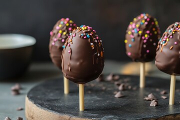 Poster - Delicious chocolate-covered treats on sticks adorned with colorful sprinkles in a kitchen setting