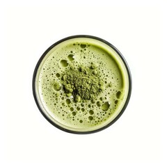 Wall Mural - Glass with frothy matcha green tea powder on white background, seen directly from above