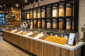 Aufkleber - Variety of nuts and dried fruits displayed in a specialty shop with wooden accents in a modern setting