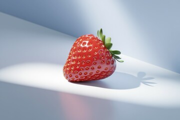 Poster - A single, ripe strawberry rests on a light blue surface, illuminated by soft light.