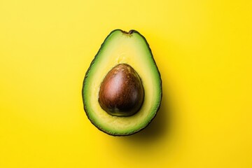 Poster - Freshly cut avocado on bright yellow background displaying its smooth flesh and seed for culinary inspiration