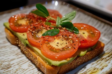 Poster - Delicious avocado toast topped with fresh tomatoes and herbs served on a decorative plate