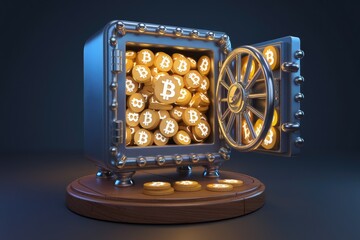 Poster - A metal safe overflowing with glowing Bitcoin symbols, representing cryptocurrency security and wealth.