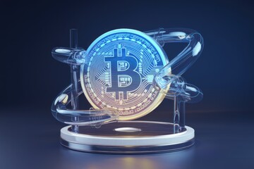Poster - A futuristic depiction of Bitcoin flowing through a transparent system, symbolizing digital currency transactions.