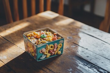 Aufkleber - Colorful cereal bowl sitting on a rustic wooden table during warm, morning light in a cozy kitchen setting
